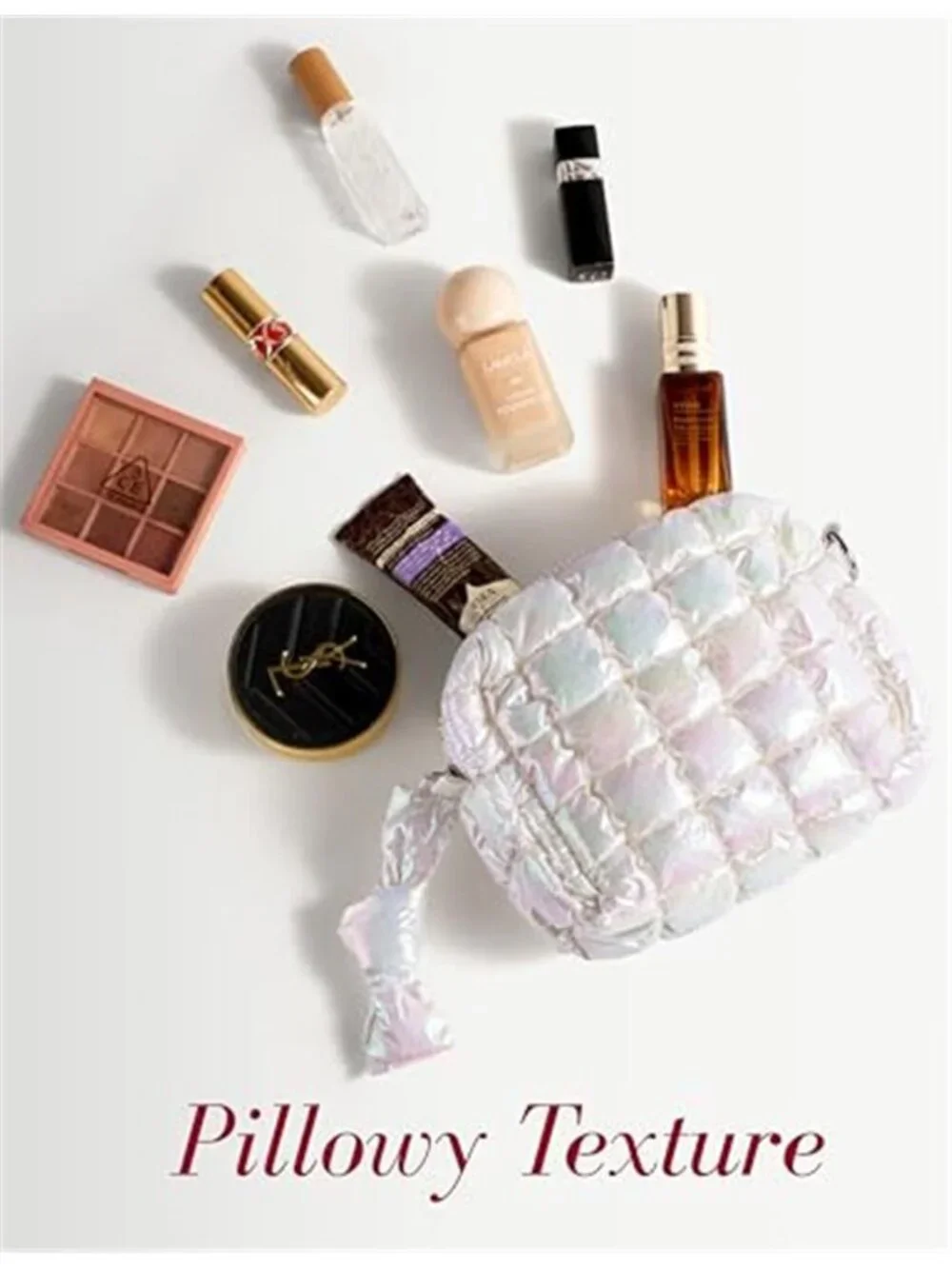 Quilted Makeup Bag, Puffy Cosmetic Bag Iridescent White Travel